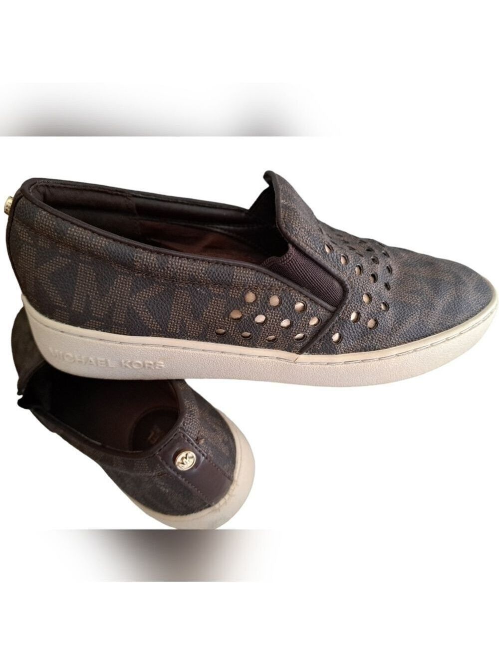 MK Michael KORS Keaton loafer shoes flats slip on laser cut out brown gold 6.5 - Picture 4 of 10